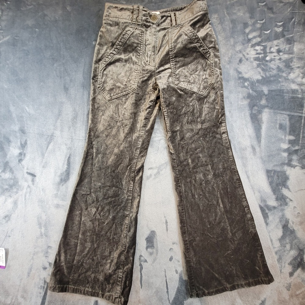 Maeve Anthropologie Velvet Flare Pants Olive Green High Rise Wide‎ Leg 0
